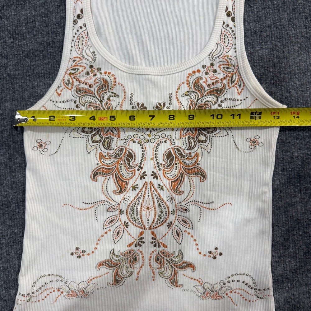 Y2K White Ribbed Sequin Graphic Tank Top Paisley Boho Scoop Neck Sleeveless - Picture 7 of 8